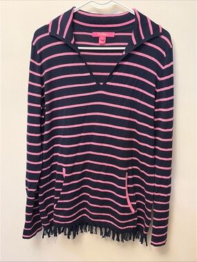 LILLY PULITZER- Crestwood Sweater Pink Navy Blue Maritime Striped Tassel Sz M